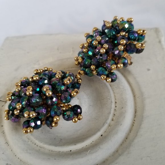 Vintage AB Crystal Rhinestone Clip On Earrings - Picture 2 of 12